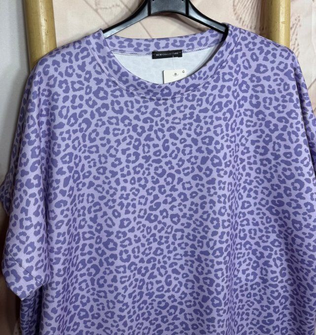 Sweat ample manches courtes Léopard Lilas & Violet du 40 au 52/54  