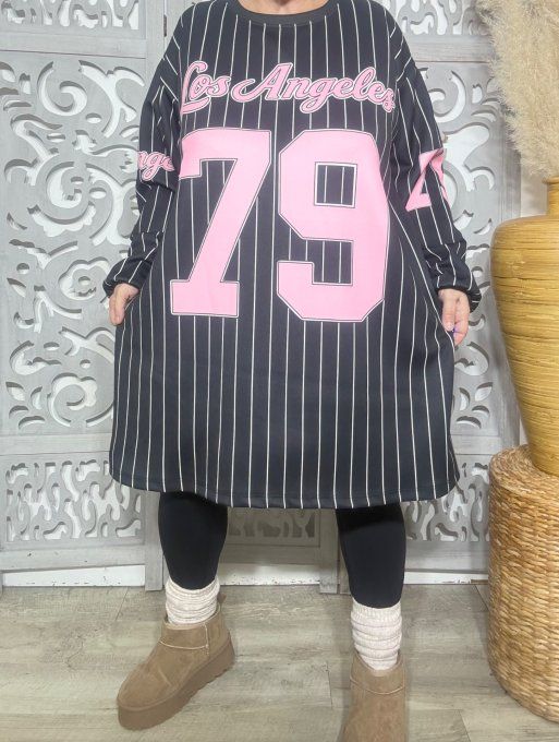 Robe-sweat OU maxi-sweat noire rayée blanc USA Base-Ball L.A. N°79 confort +++ du 44 au 56