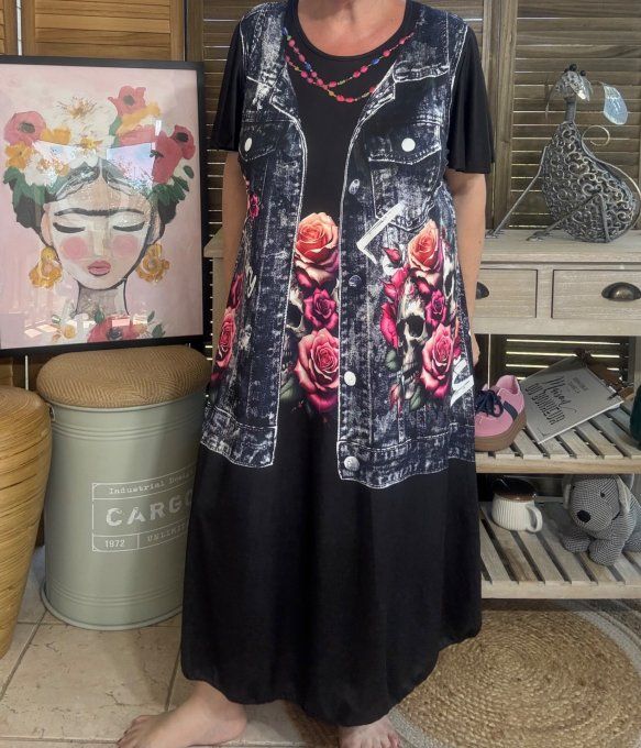 Robe longue noire et effet jeans noir brut délavé Duo de Skulls & Roses du 38 au 48/50