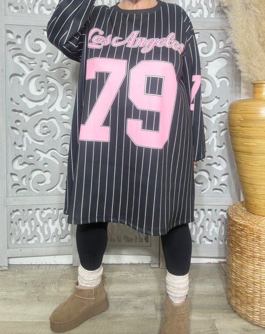 Robe-sweat OU maxi-sweat noire rayée blanc USA Base-Ball L.A. N°79 confort +++ du 44 au 56