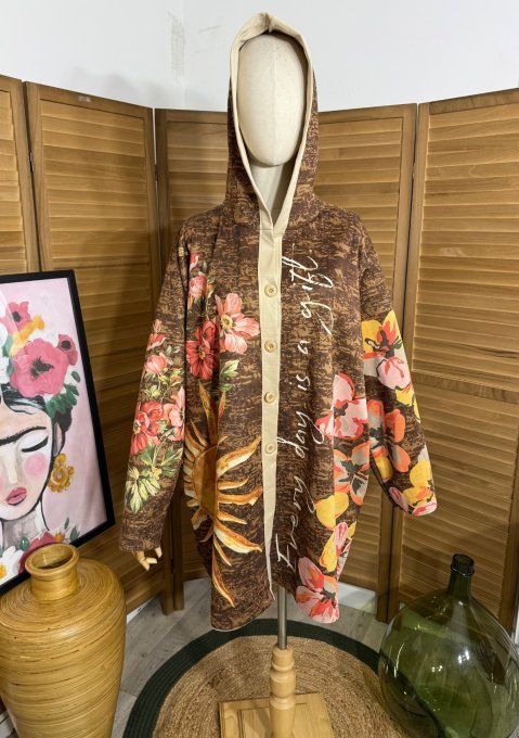 Veste à capuche suédine camel Frida Kahlo aux Fleurs du 40 au 50 et même + 