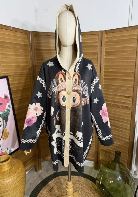 Veste à capuche suédine noire Labubu Sweet Sugar du 40 au 50 et même +
