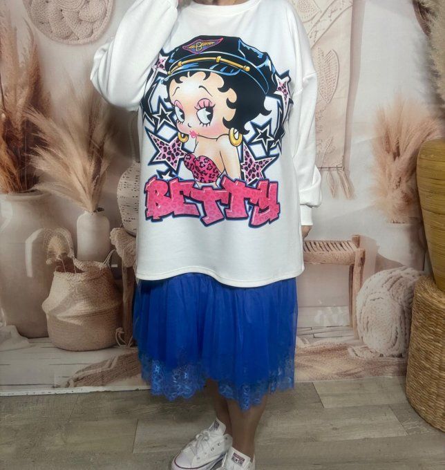 Sweat ample blanc Betty Boop Urban Street Vibes Etoile Léopard du 40 au 50/52 