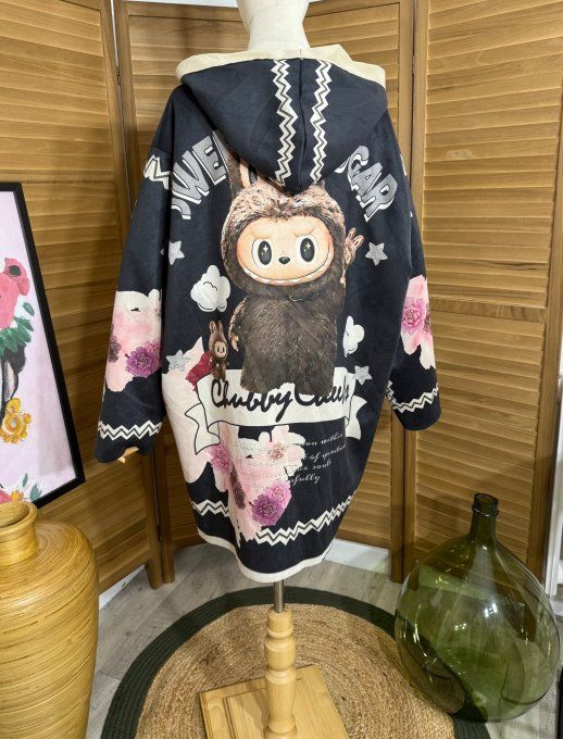 Veste à capuche suédine noire Labubu Sweet Sugar du 40 au 50 et même +