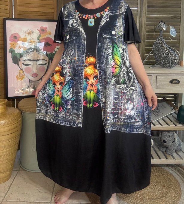 Robe longue noire et effet jeans brut délavé La Fée Clochette du 38 au 48/50 