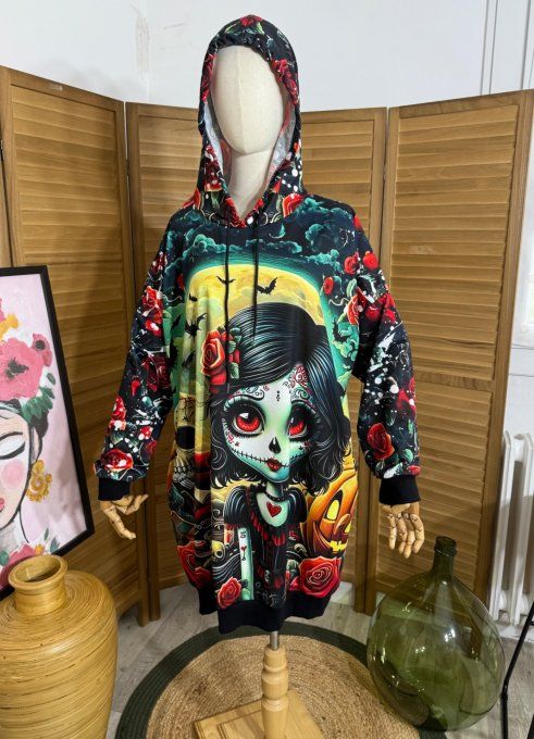 Sweat à capuche long ou robe sweat The Catrina Mexican Skulls Girl du 42 au 52