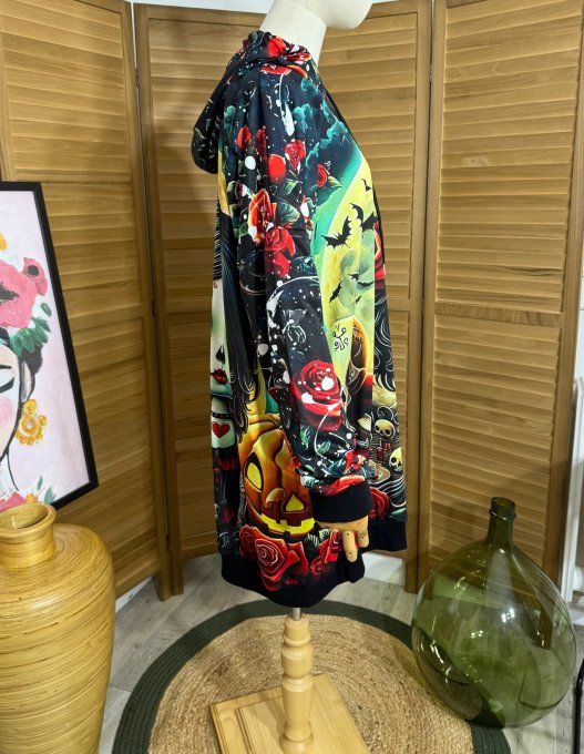 Sweat à capuche long ou robe sweat The Catrina Mexican Skulls Girl du 42 au 52