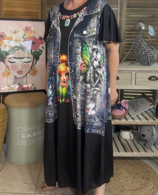 Robe longue noire et effet jeans brut délavé La Fée Clochette du 38 au 48/50 