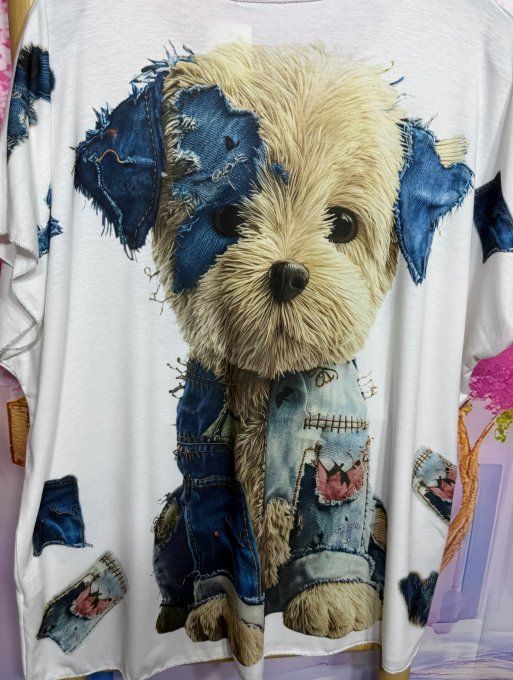 Top fin ample blanc Le Chien Bichon Patchwork jeans du 42 au 54/56 