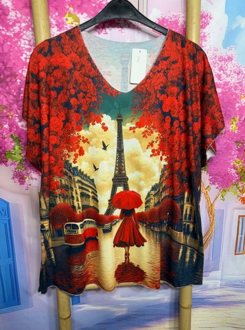 Top fin ample roses rouges La belle Parisienne en balade du 42 au 54/56 