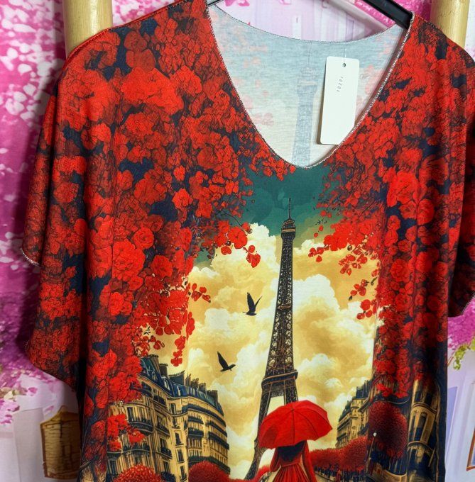 Top fin ample roses rouges La belle Parisienne en balade du 42 au 54/56 