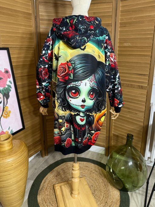 Sweat à capuche long ou robe sweat The Catrina Mexican Skulls Girl du 42 au 52