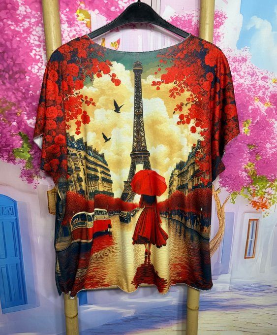 Top fin ample roses rouges La belle Parisienne en balade du 42 au 54/56 