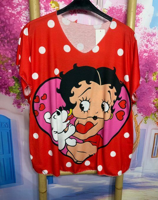 Top fin ample rouge pois blancs Betty Boop et son chien du 42 au 54/56  