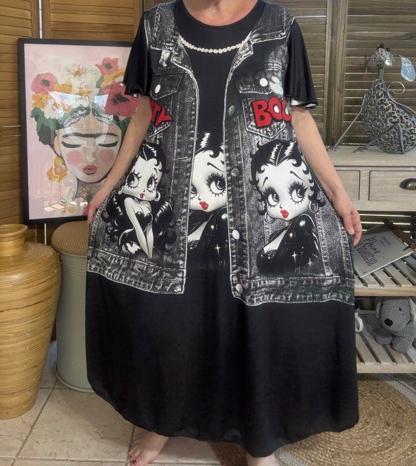 Robe longue noire et effet jeans noir brut délavé Betty Boop du 38 au 48/50 