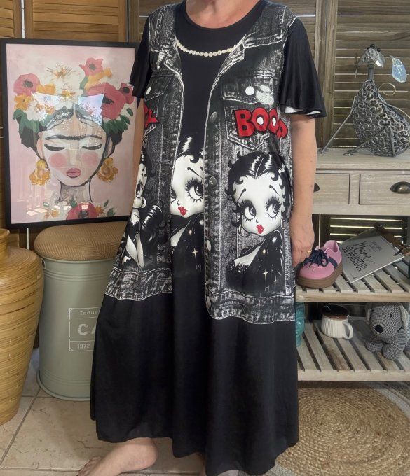 Robe longue noire et effet jeans noir brut délavé Betty Boop du 38 au 48/50 