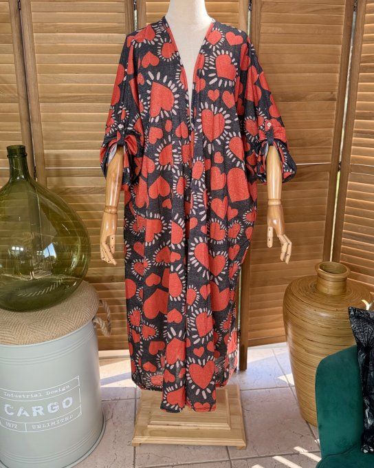 Kimono long noir pailleté doré or Coeurs Rouges du 40 au 50/52 et même + 