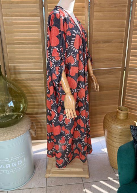Kimono long noir pailleté doré or Coeurs Rouges du 40 au 50/52 et même + 