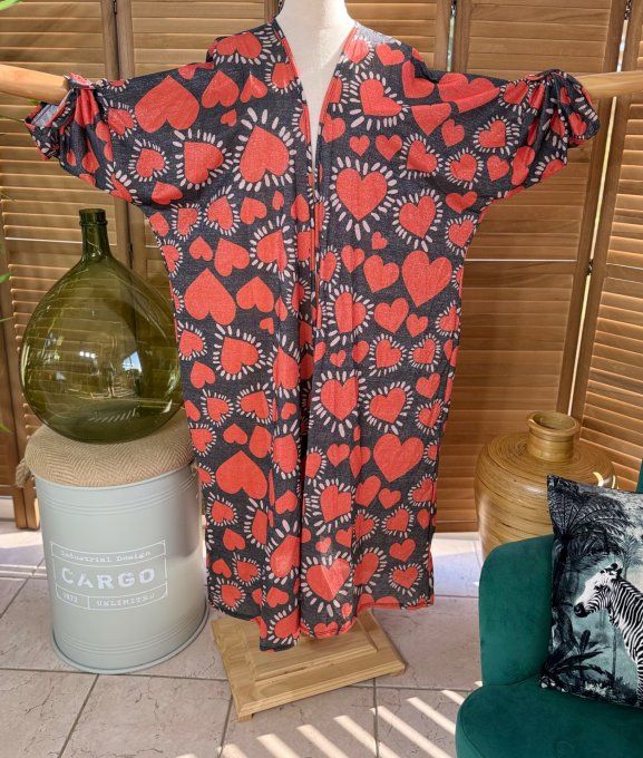 Kimono long noir pailleté doré or Coeurs Rouges du 40 au 50/52 et même + 