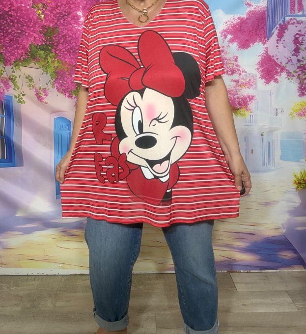 Tee-shirt fin trapèze oversize lycra marinière rouge Minnie Mouse Disney du 40 au 54 