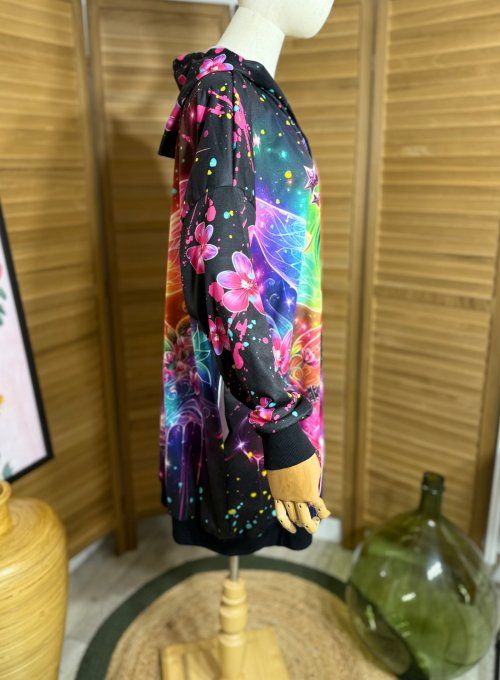 Sweat à capuche long multicolore ou robe sweat La Fée Papillon du 42 au 52