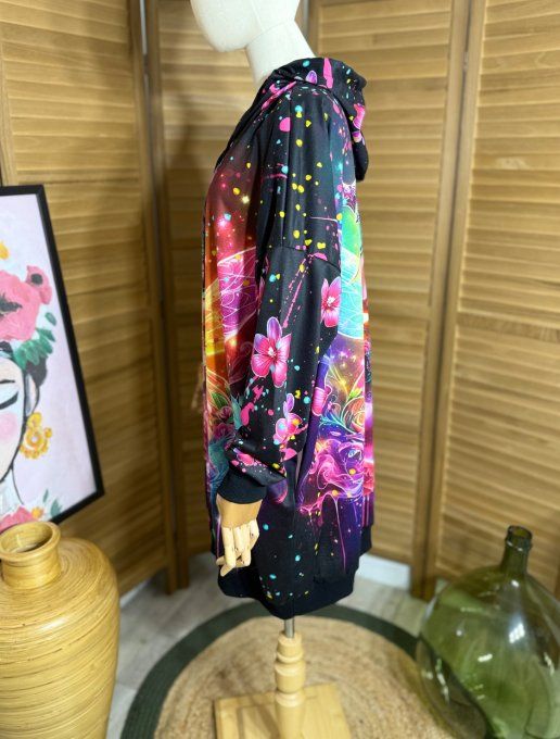 Sweat à capuche long multicolore ou robe sweat La Fée Papillon du 42 au 52