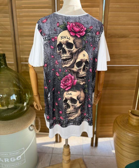 Top trapèze effet veste en jeans grisé Trio de Skulls aux Roses Fuschia du 38 au 48/50