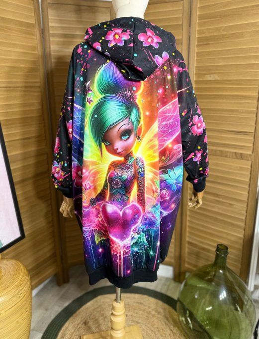 Sweat à capuche long multicolore ou robe sweat La Fée Papillon du 42 au 52