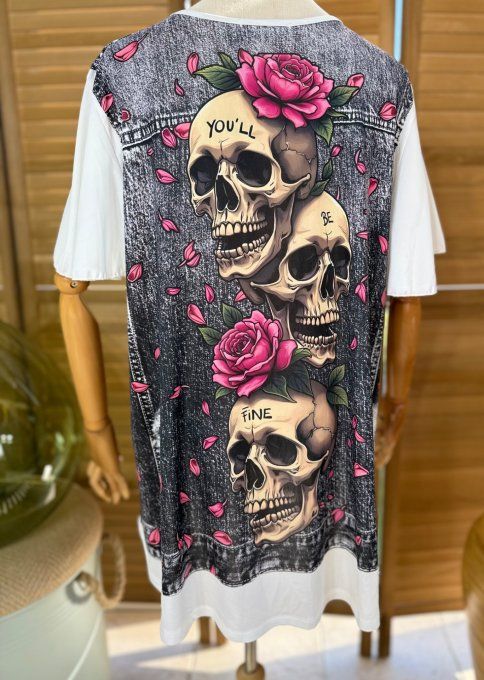 Top trapèze effet veste en jeans grisé Trio de Skulls aux Roses Fuschia du 38 au 48/50
