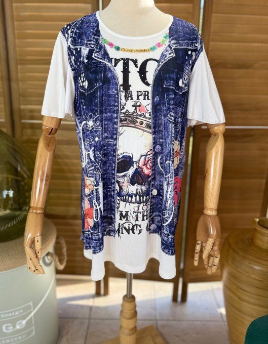Top trapèze effet veste en jeans brut délavé Queen Mexican Skulls du 38 au 48/50  