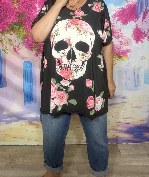 Tee-shirt fin trapèze oversize lycra noir Skulls TDM & Pink Roses du 40 au 54  
