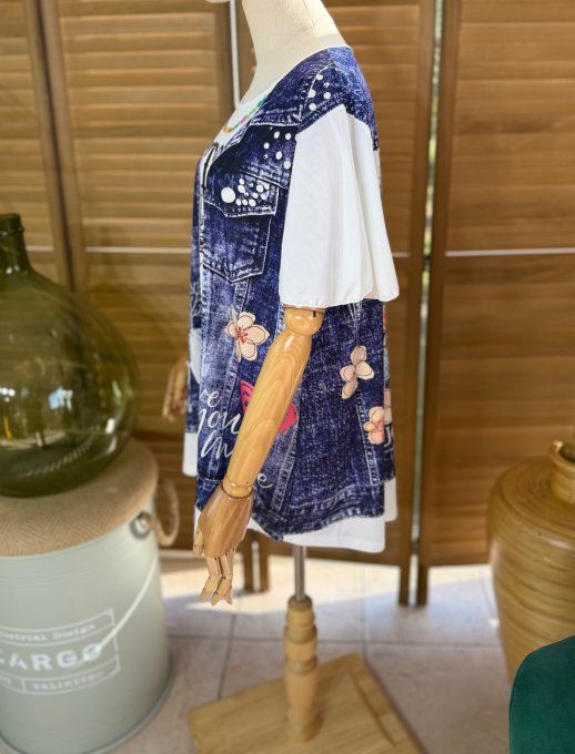 Top trapèze effet veste en jeans brut délavé Queen Mexican Skulls du 38 au 48/50  