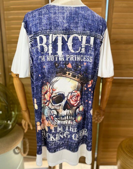 Top trapèze effet veste en jeans brut délavé Queen Mexican Skulls du 38 au 48/50  