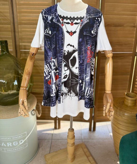 Top trapèze effet veste en jeans grisé Jack Skellington & Sally du 38 au 48/50