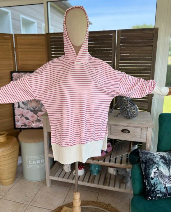 Sweat marinière à capuche rayé blanc et rose fuschia du 34 au 44