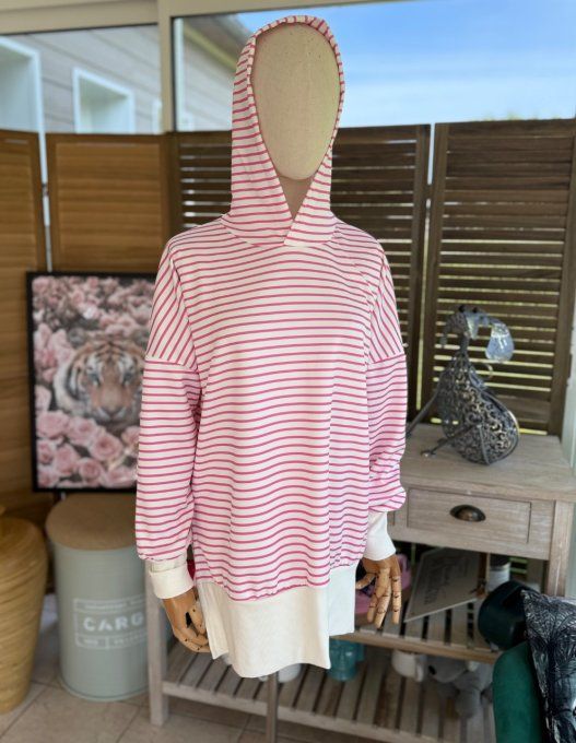 Sweat marinière à capuche rayé blanc et rose fuschia du 34 au 44