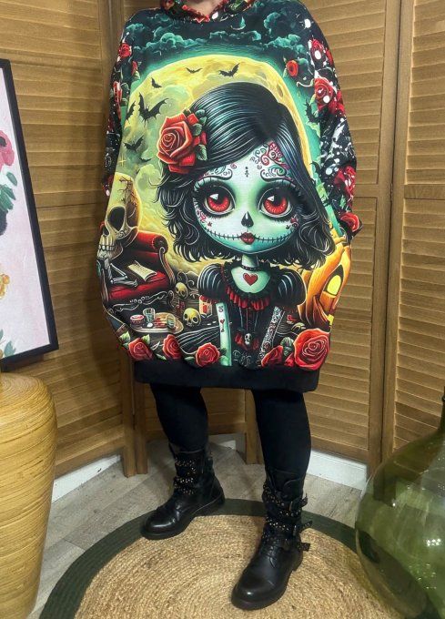 Sweat à capuche long ou robe sweat The Catrina Mexican Skulls Girl du 42 au 52