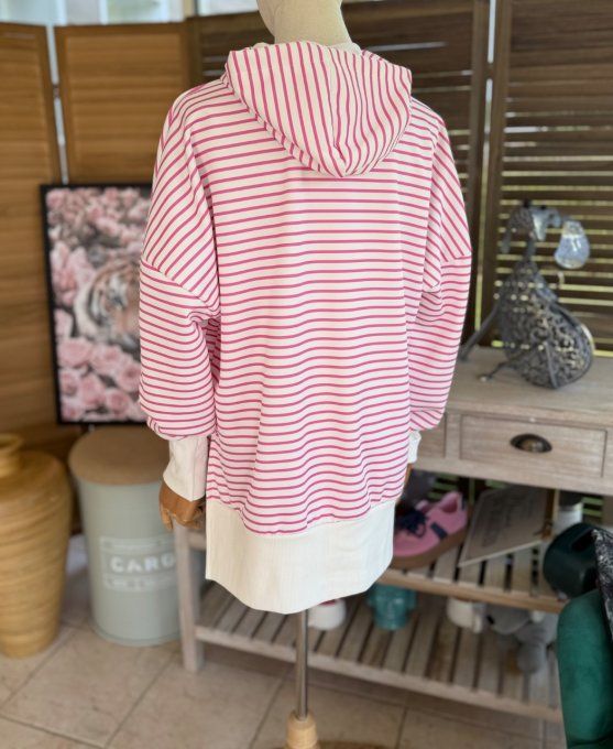 Sweat marinière à capuche rayé blanc et rose fuschia du 34 au 44