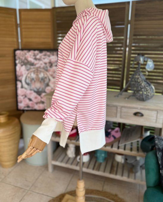 Sweat marinière à capuche rayé blanc et rose fuschia du 34 au 44