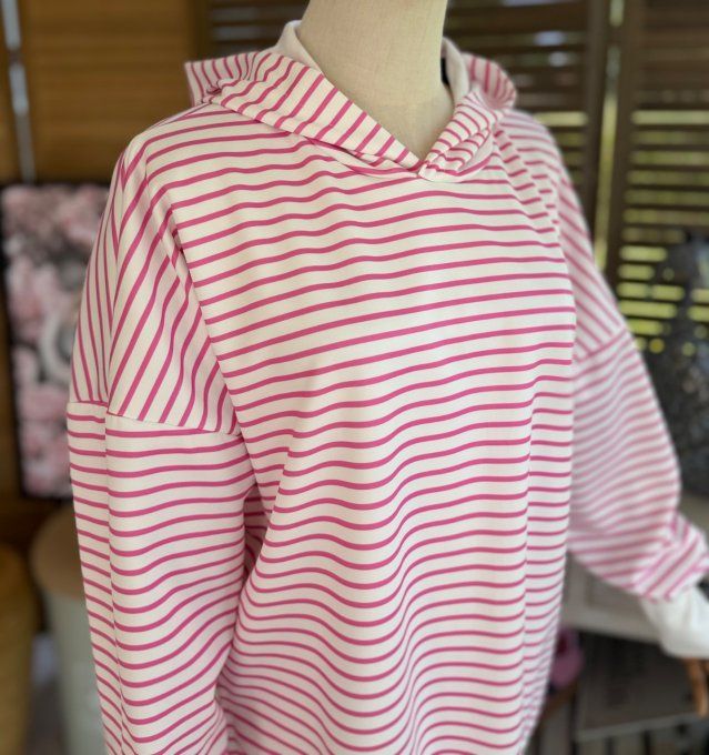 Sweat marinière à capuche rayé blanc et rose fuschia du 34 au 44