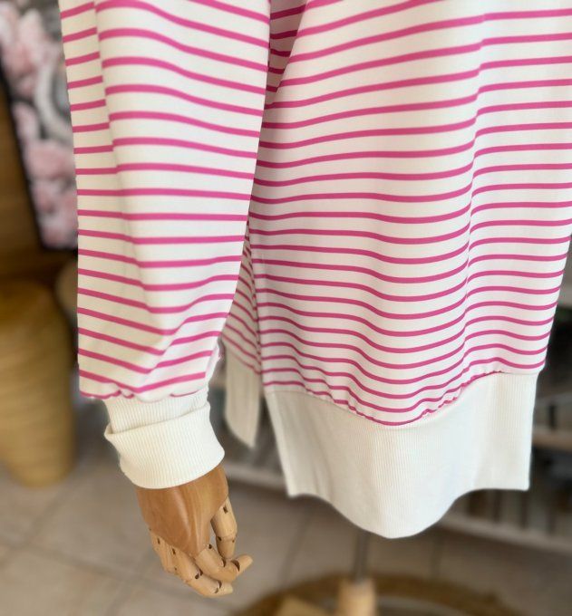Sweat marinière à capuche rayé blanc et rose fuschia du 34 au 44
