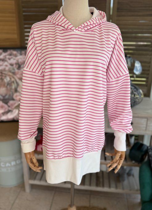 Sweat marinière à capuche rayé blanc et rose fuschia du 34 au 44