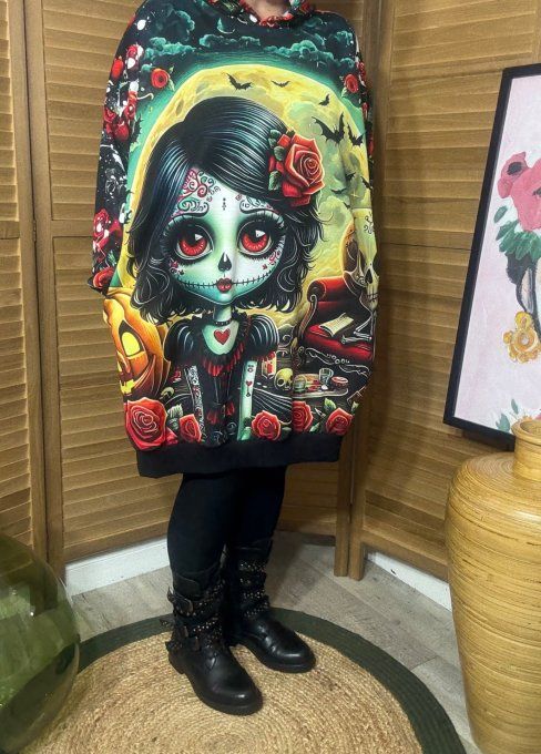 Sweat à capuche long ou robe sweat The Catrina Mexican Skulls Girl du 42 au 52