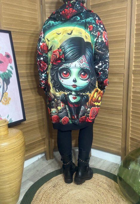 Sweat à capuche long ou robe sweat The Catrina Mexican Skulls Girl du 42 au 52