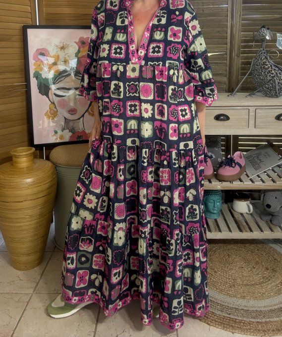 Robe longue trapèze volantée marine façon Patchwork Bohème Chic du 38 au 46/48