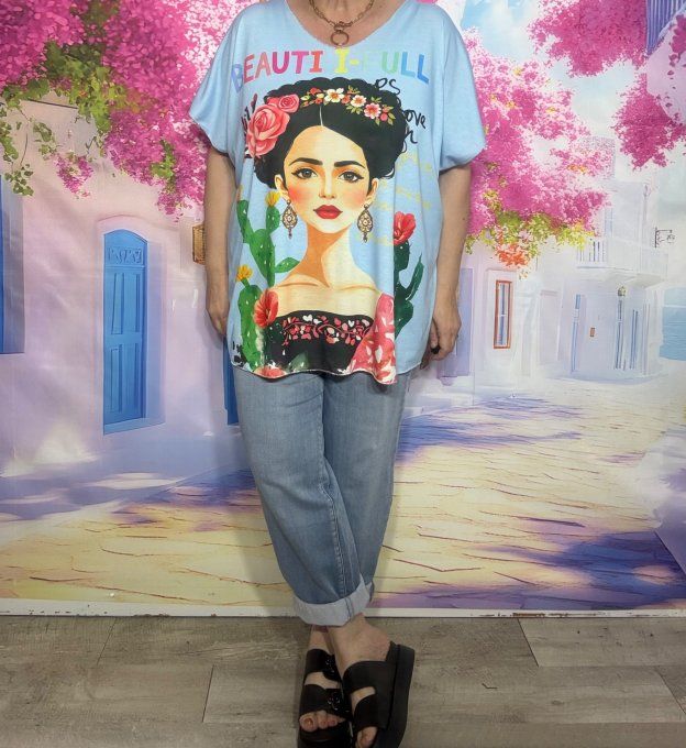 Top fin ample Bleu ciel Beautiful Frida Kahlo du 42 au 54/56  