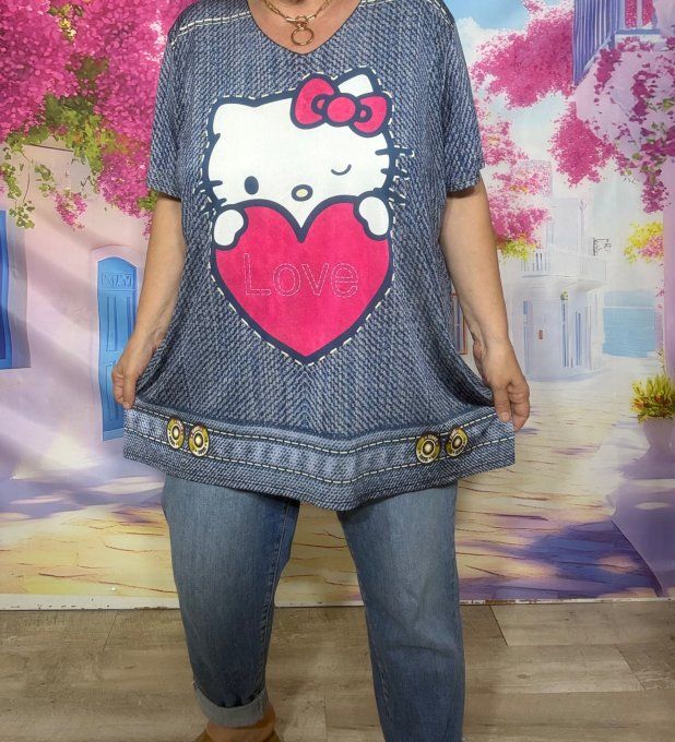 Tee-shirt fin trapèze oversize lycra effet jeans Hello Kitty in Love du 40 au 54