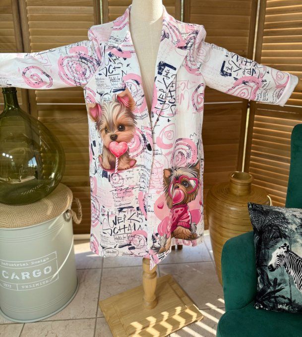 Veste longue suédine blanche Mon adorable Yorkshire du 36 au 46/48 et même +  
