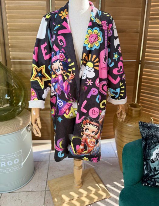 Veste longue suédine noire Betty Boop Hippie Girl du 36 au 46/48 et même +  