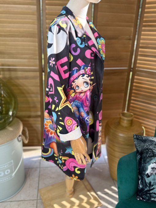 Veste longue suédine noire Betty Boop Hippie Girl du 36 au 46/48 et même +  